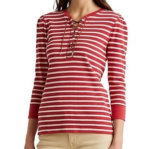 NWT Lauren Ralph Lauren Lace Up Waffle Henley Red White Thermal
